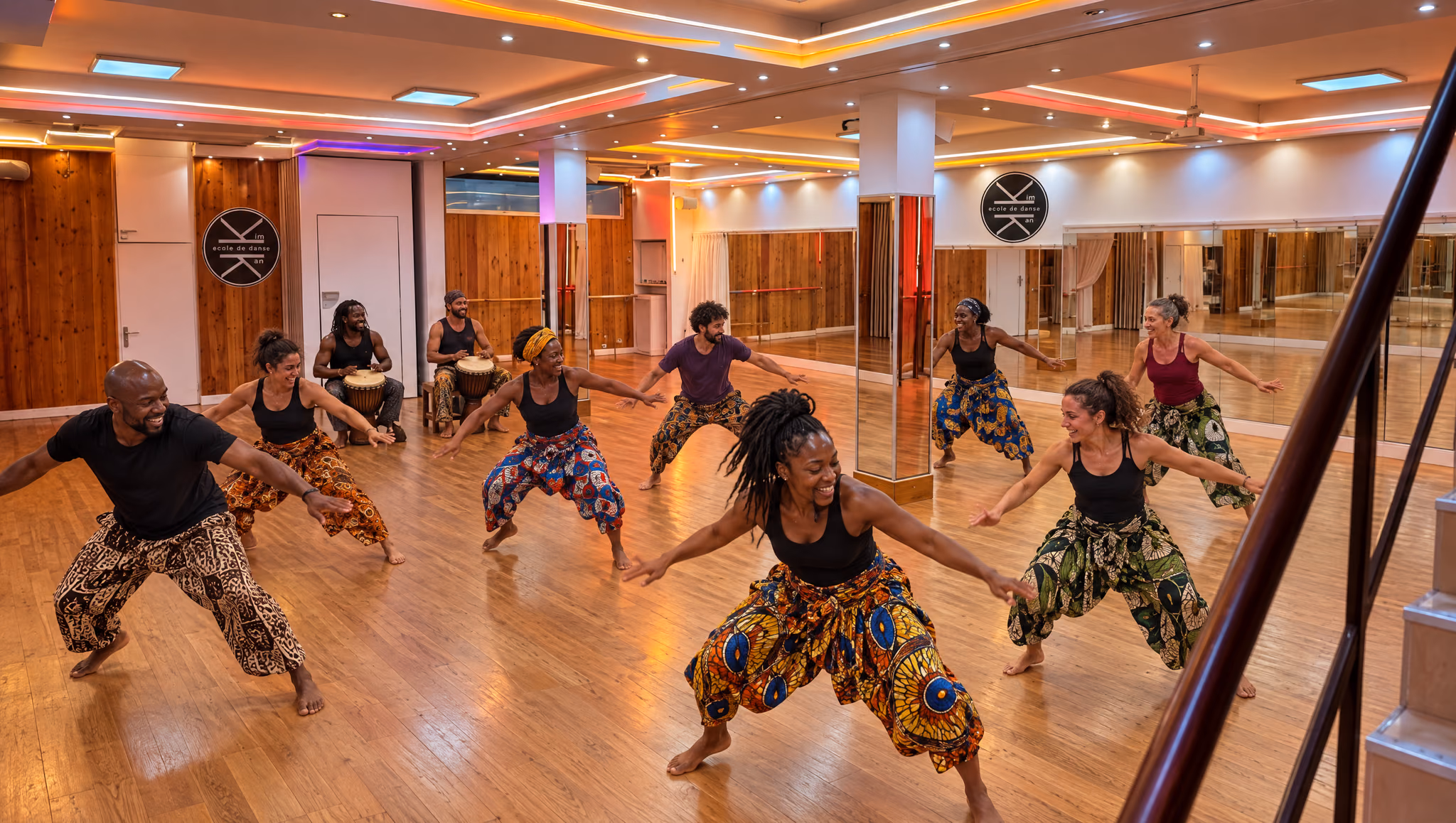 Danse africaine : neuf adultes en tenues imprimées dansent genoux fléchis, deux percussionnistes au fond, grande salle de Gambetta.