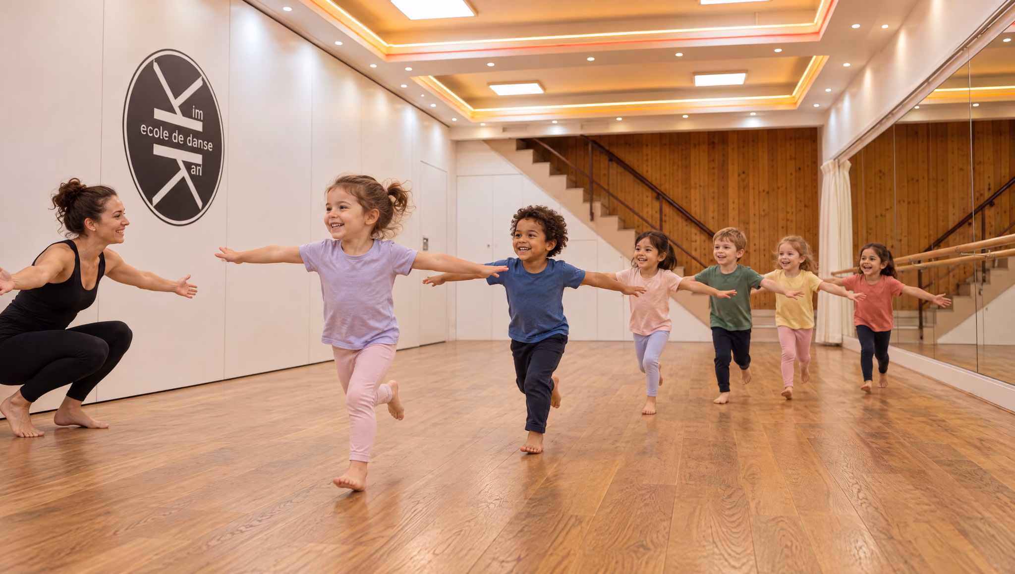 Éveil 4-5 ans : six jeunes enfants courent en ligne, bras ouverts, vers leur professeure, dans la salle 3 de Gambetta, murs blancs et logo de l’école.