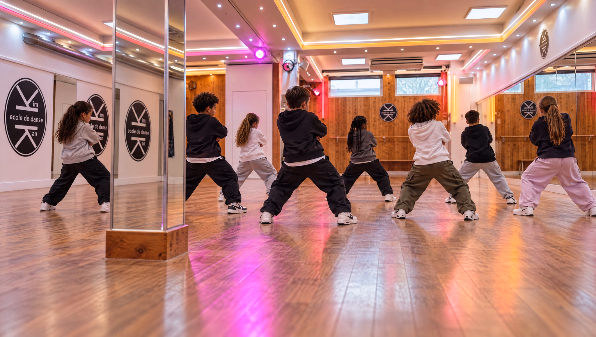 Hip-hop enfants : huit enfants en sweat et baskets répètent genoux fléchis face au miroir, salle Gambetta sous la lumière rose.