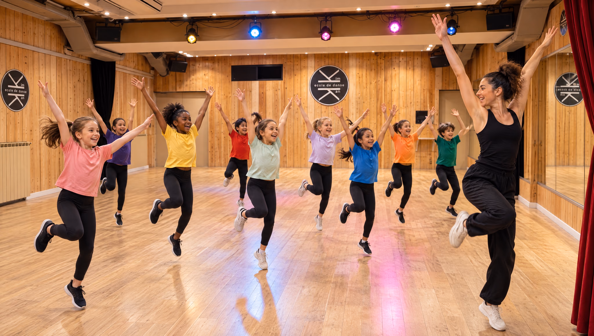 Enfants sautant bras levés en cours de jazz.