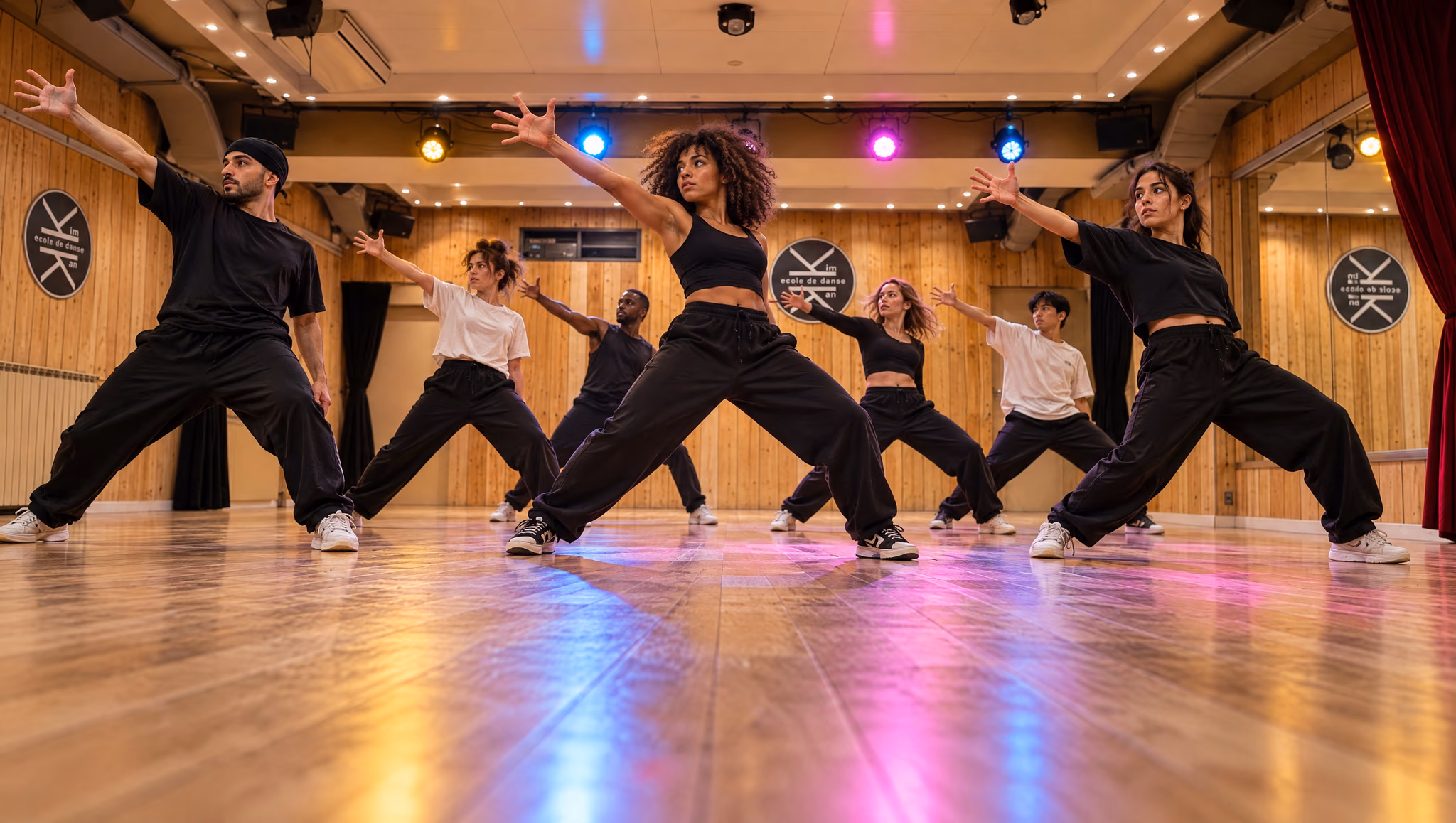 Danseurs de street jazz en ligne sous les lumières colorées.