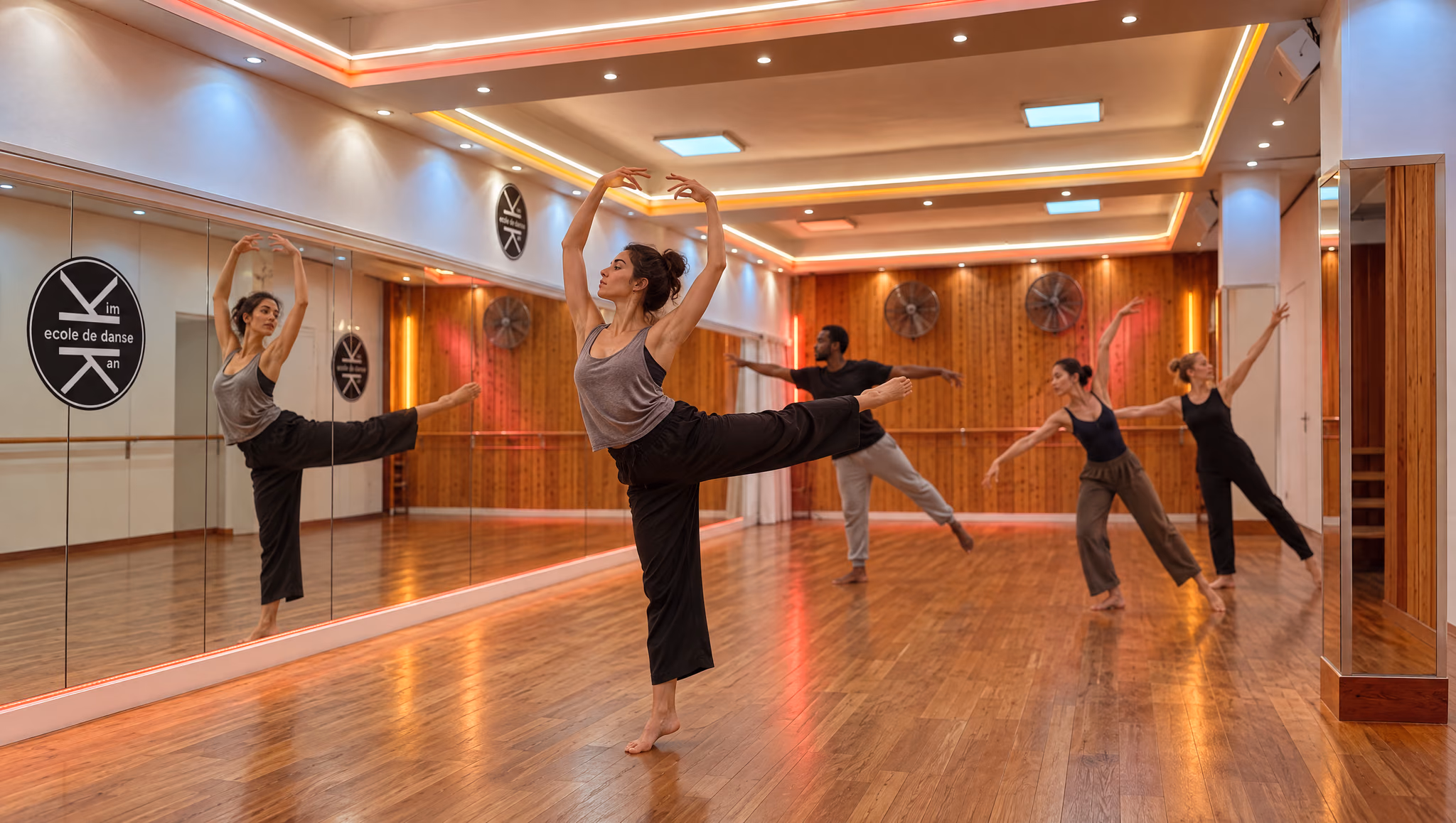 Contemporain adultes : une danseuse en attitude, bras en couronne, reflétée dans le miroir de la salle 2 de Gambetta.